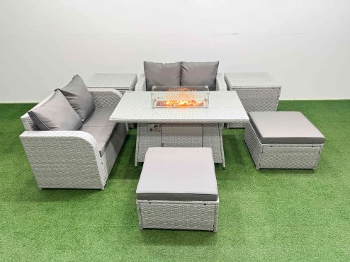 Fimous 6 Seater Outdoor Love Sofa Set Rattan Garden Furniture Set with Firepit Dining Table 2 Footstool 2 Side Tables Light Grey