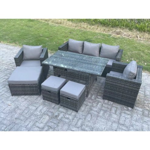 Fimous Outdoor Garden Furniture Set Patio Rattan Rectangular Dining Table Lounge Sofa Chair with Big Footstool 2 Small Stools Dark Grey Mixed