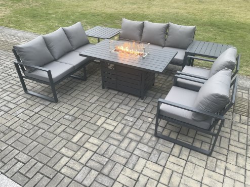 Fimous Aluminium Outdoor Garden Furniture Set Patio Lounge Sofa Gas Fire Pit Dining Table Set with 2 Side Tables Dark Grey