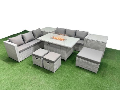 Fimous 9 Seat PE Rattan Lounge Sofa Set Outdoor Garden Furniture Set with Firepit Dining Table 3 Seater Sofa 3 Stools 2 Side Tables Light Grey
