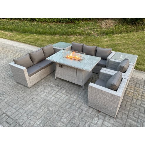Fimous Light Grey Rattan Fire Pit Garden Furniture Set Gas Heater Burner Lounge Sofa Dining Set 2 Side Coffee Table And Chairs