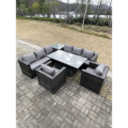 Fimous 8 Seater PE Rattan Corner Sofa Set Rising Adjustable Dining Table Set High Side Coffee Table With 2 Arm Chairs
