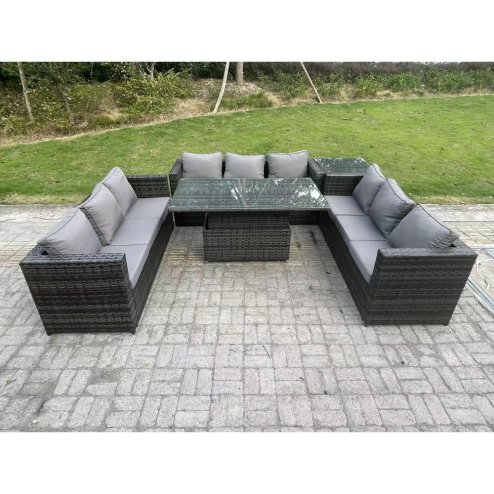 Fimous 9 Seater Outdoor Rattan Garden Furniture Sofa Set Patio Adjustable Rising Lifting Dining Table Set with Side Table Dark Grey Mixed