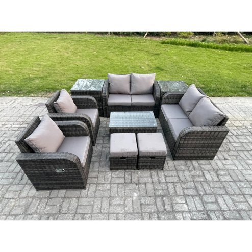 Fimous 8 Seater Rattan Garden Furniture Set Patio Outdoor Lounge Sofa Set with Rectangular Coffee Table 2 Small Footstools Love Sofa 2 Side Tables Dark Grey Mixed