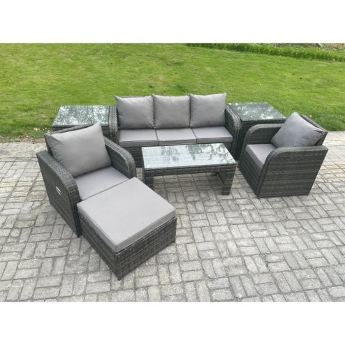 Fimous 6 Seater Rattan Garden Furniture Set with Rectangular Coffee Table 2 Side Tables Big Footstool Patio Outdoor Rattan Set