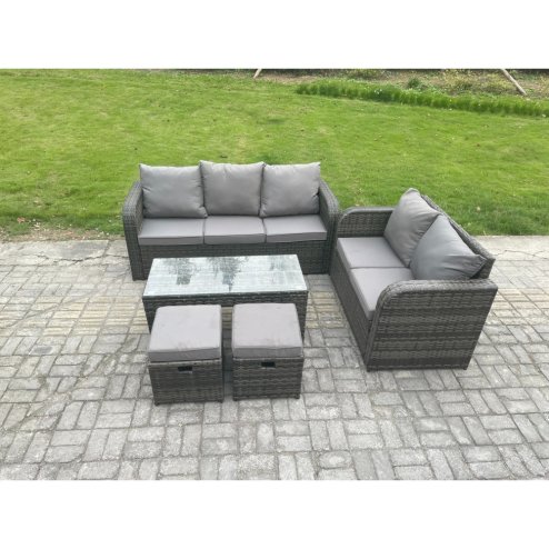 Fimous 7 Seater Outdoor Rattan Garden Furniture Set with Patio Lounge Sofa Set with Rectangular Coffee Table 2 Small Footstools Dark Grey Mixed