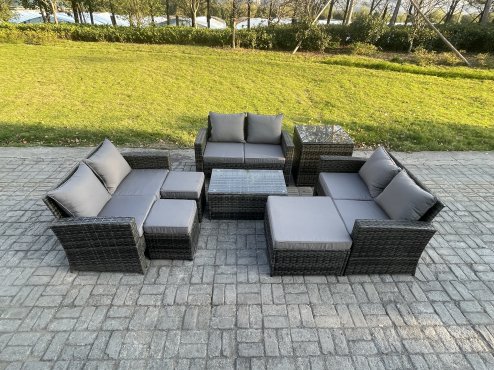 Fimous 8pc Rattan Sofa Garden Furniture Outdoor Patio Set with Side Table 3 Footstools Double Seat Sofa Dark Grey Mixed