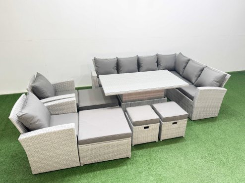 Fimous 12 Seat Rattan Garden Furniture Corner Sofa Set Outdoor Adjustable Lifting Dining or Coffee Table Set with Armchair Light Grey