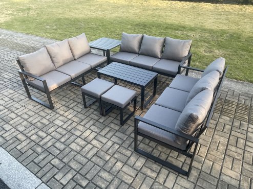 Fimous Aluminium 11 Seater Outdoor Garden Furniture Set Lounge Sofa Oblong Coffee Table 2 Small Footstools Side Table Sets with Cushions Dark Grey