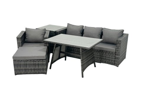 Fimous Rattan Dining Table Sofa Armchair Set with Side Table Big Footstool Outdoor Garden Furniture Set Dark Grey Mixed