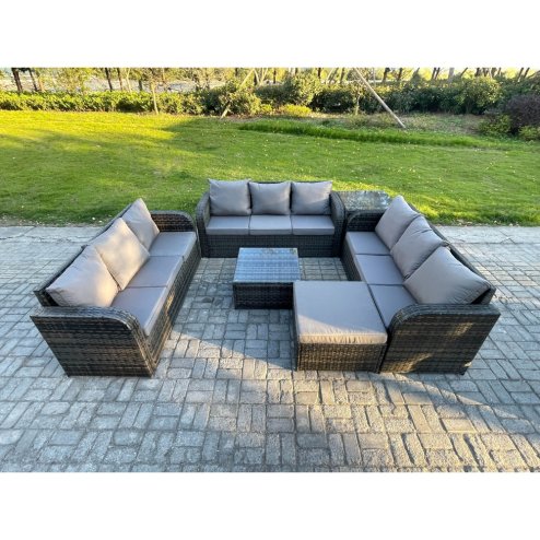 Fimous Patio Garden Furniture Sets Wicker 10 Seater Outdoor Rattan Furniture Sofa Sets with Square Coffee Table Big Footstool Side Table