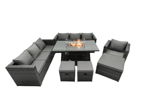Fimous Rattan Garden Furniture Firepit Dining Set 10 Seater Lounge Sofa Table Set with 3 Footstool
