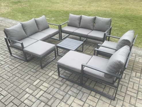 Fimous Aluminium Patio Outdoor Garden Furniture Lounge Sofa Set with Square Coffee Table 2 Chairs 2 Big Footstools Dark Grey