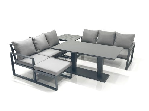 Fimous 7 Seater Aluminium Outdoor Garden Furniture Set with Adjustable Rising Lifting Dining Table 3 Seater Sofa Big Footstool Side Table Dark Grey