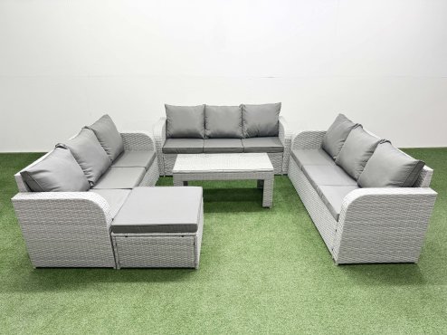 Fimous PE Rattan Lounge Sofa Set 10 Seater Outdoor Garden Furniture Set with Oblong Coffee Table 3 Seater Sofa Big Footstool Light Grey Image