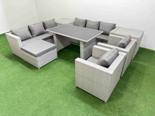 Fimous 9 Seater Wicker PE Rattan Furniture Outdoor Dining Table 3 Seater Sofa Armchair Set with 2 Side Tables Big Stool Light Grey