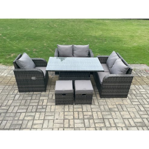 Fimous Wicker PE Rattan Furniture Garden Dining Set Outdoor Height Adjustable Rising lifting Table Love Sofa With Reclining Chair 2 Small Footstools