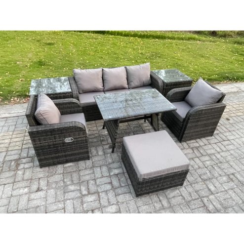 Fimous 6 Seater Rattan Wicker Garden Furniture Patio Conservatory Sofa Set with Rectangular Dining Table Reclining Chair 3 Seater Sofa Big Footstool 2 Side Tables