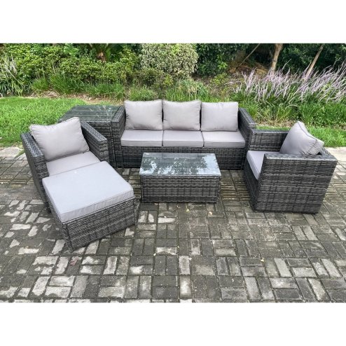 Fimous Rattan Garden Furniture Set with 3 Seater Sofa Coffee Table Side Table 2 Armchairs Footstool Indoor Outdoor Patio Lounge Sofa Set Dark Grey Mixed