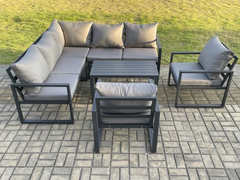 Fimous Aluminium Outdoor Garden Furniture Set Lounge Sofa Oblong Coffee Table Sets with 2 Pcs Chair Indoor Conservatory Set Dark Grey