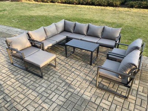 Fimous Aluminium Garden Furniture Set Outdoor Indoor Lounge Corner Sofa 3 Pcs Chair Oblong Coffee Table Sets with Big Footstool Dark Grey