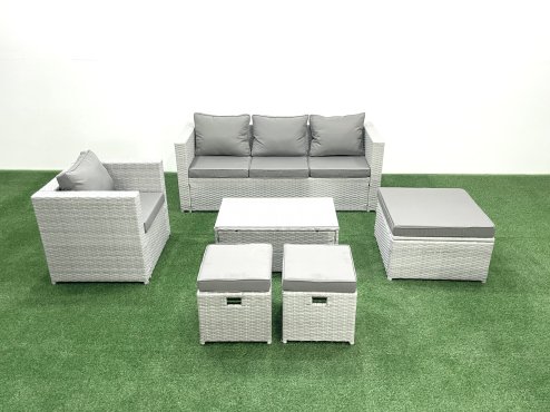 Fimous Rattan Garden Furniture Set with 3 Seater Sofa Chair Rectangular Coffee Table 3 Footstools Light Grey Mixed 6 Seater
