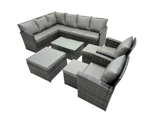 Fimous 11 Seat Poly Rattan Outdoor Patio Coffee Table Corner Sofa Set with 3 Stools 2 Chairs for Garden Backyard Dark Grey Mixed