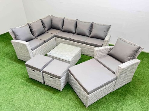 Fimous Outdoor Rattan Garden Furniture Set 10 Seater Corner Sofa Sets with Square Coffee Table Chair 3 Footstools Light Grey Mixed