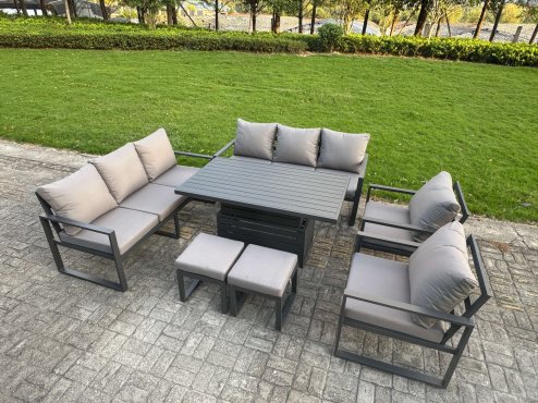 Fimous Garden Aluminium Furniture Set Dark Grey 9 Seater Outdoor Patio Adjustable Rising Lifting Dining Table with 2 Chairs 2 Side Tables Big Footstool Dark Grey