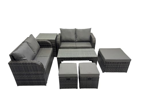 Fimous 3 Seater Sofa Reclining Chair Coffee Table Set Rattan Garden Outdoor Furniture Set with Side Table 3 Stools Dark Grey Mixed