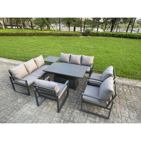 Fimous 6 Piece Garden Furniture Set 9-Seater Aluminium Outdoor Dining Set with Adjustable Rising Lifting Dining Table & Cushions 3 Chairs Dark Grey