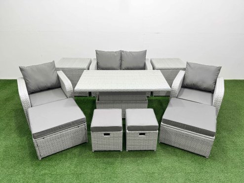 Fimous 10 PCs Rising Dining Table Set Reclining Chair Inclining Love Sofa Seat 2 Big Footstool 2 Small Stool 2 Side Table Light Grey