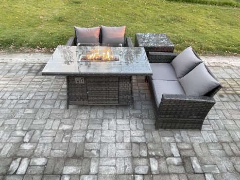 Fimous 4 Pieces Garden Furniture Sets Poly Rattan Outdoor Patio Gas Firepit Dining Table Sofa Set for Garden Backyard Dark Grey Mixed