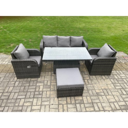 Fimous 6 Seater Rattan Outdoor Garden Furniture Sets Height Adjustable Rising lifting Dining Table Lounge Sofa Set With Big Footstool Dark Grey Mixed