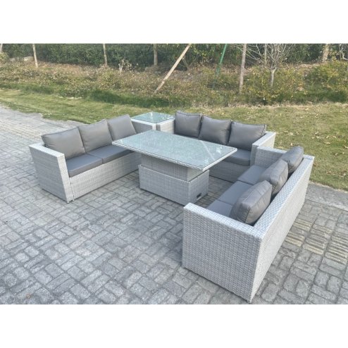 Fimous Lounge Rattan Garden Furniture Set Adjustable Rising Lifting Table Dining Set With Side Coffee Tea Table
