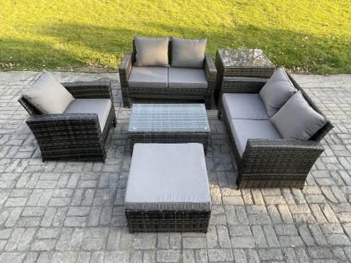 Fimous Wicker Rattan Garden Furniture Sofa Set with Rectangular Coffee Table Double Seat Sofa Chair Big Footstool Side Table 6 Seater Outdoor Rattan Set Dark Grey Mixed