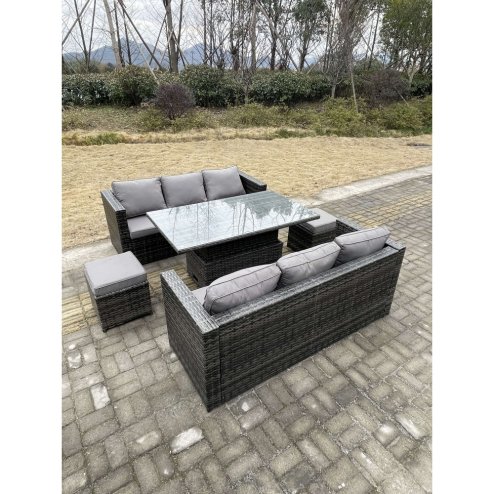 Fimous 8 Seater?Outdoor Rattan Sofa Set Garden Furniture Adjustable Rising Lifting Dining Table Footstools Dark Grey Mixed