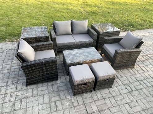 Fimous 6 Seater Dark Grey Outdoor Rattan Garden Furniture Set Patio Lounge Sofa Rectangular Coffee Table with 2 Side Table 2 Small Footstools