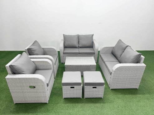 Fimous 8 Seater Outdoor Reclining Chair Love Sofa Set Rattan Garden Furniture Set with Rectangular Coffee Table 2 Stools Light Grey