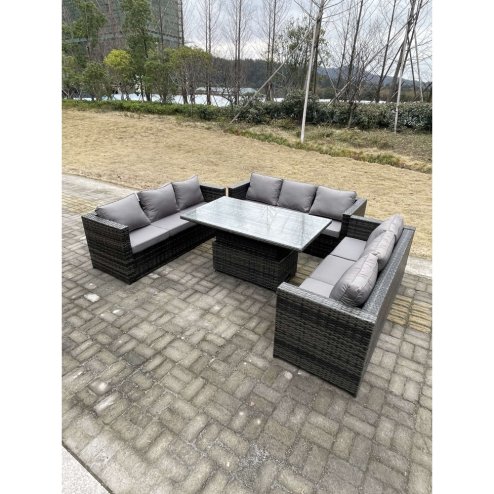 Fimous 9 Seater?Outdoor Garden Furniture Rattan Sofa Set Adjustable Rising Lifting Dining Table Dark Grey Mixed