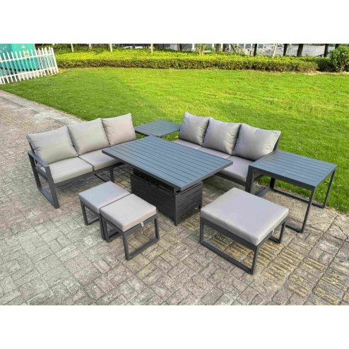 Fimous 7 Pieces Garden Furniture Set Aluminium Adjustable Rising Lifting Dining Table and Sofa Set with Side Table 3 Footstools Dark Grey