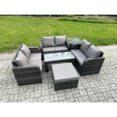 Fimous Rattan Garden Furniture Set 7 Seater Indoor Outdoor Patio Sofa Set with Coffee Table Loveseat Sofa Big Footstool Side Table Dark Grey Mixed