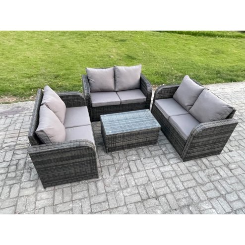 Fimous Outdoor Garden Furniture Sets 6 Seater Wicker Rattan Furniture Sofa Sets with Rectangular Coffee Table Love Sofa Dark Grey Mixed