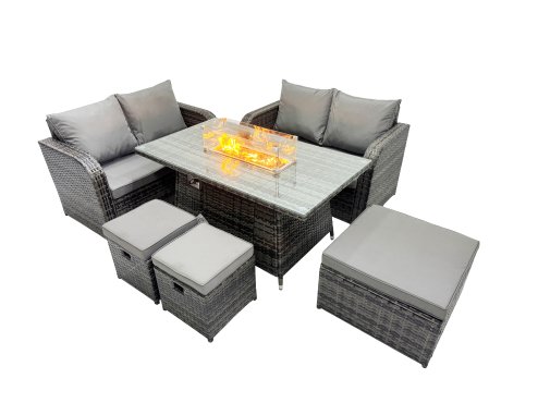 Fimous 7-seater Patio Gas Firpit Dining Table Sofa Sets Rattan Garden Furniture Dining Set with 3 Stools Dark Grey Mixed
