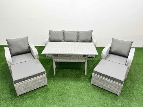 Fimous PE Rattan Garden Furniture Set Reclining Chair Sofa Lounge Sofa Set Rectangular Dining Table 2 Big Footstool Light Grey