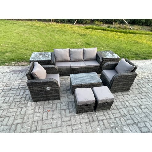 Fimous 7 Seater Rattan Garden Furniture Set Patio Outdoor Lounge Sofa Set with Rectangular Coffee Table 2 Small Footstools 3 Seater Sofa 2 Side Tables Dark Grey Mixed