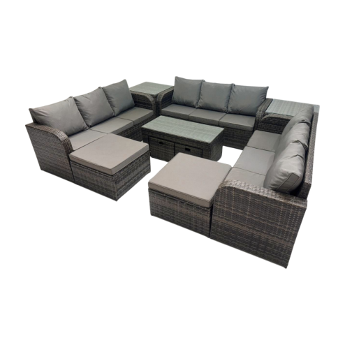 Fimous Rattan Garden Outdoor Furniture Set 3 Seater Sofa Coffee Table with 2 Side Tables 4 Footstools Dark Grey Mixed
