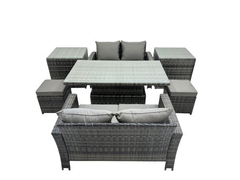 Fimous Outdoor Love Sofa Set 6 Seat Rattan Garden Furniture Set with Adjustable Lifting Dining or Coffee Table Dark Grey Mixed