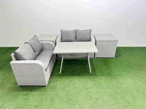 Fimous 4 Seat Outdoor Love Sofa Set Rattan Garden Furniture Set with Rectangular Dining Table 2 Side Tables Light Grey