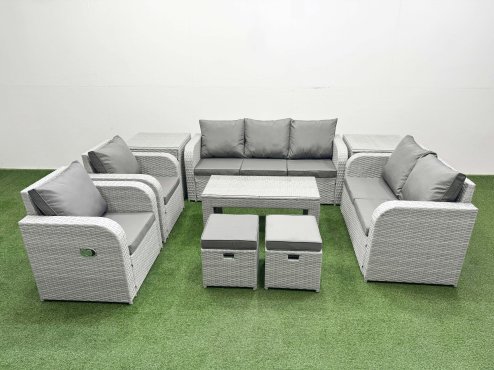 Fimous PE Rattan Garden Furniture Set Adjustable Chair Sofa Double Love Seat 2 Seater Sofa Lounge Set Rectangular Coffee Table 2 Stools 2 Side Table Light Grey